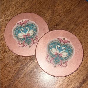 Hand painted decoupage Heart Swan Coasters set of 2